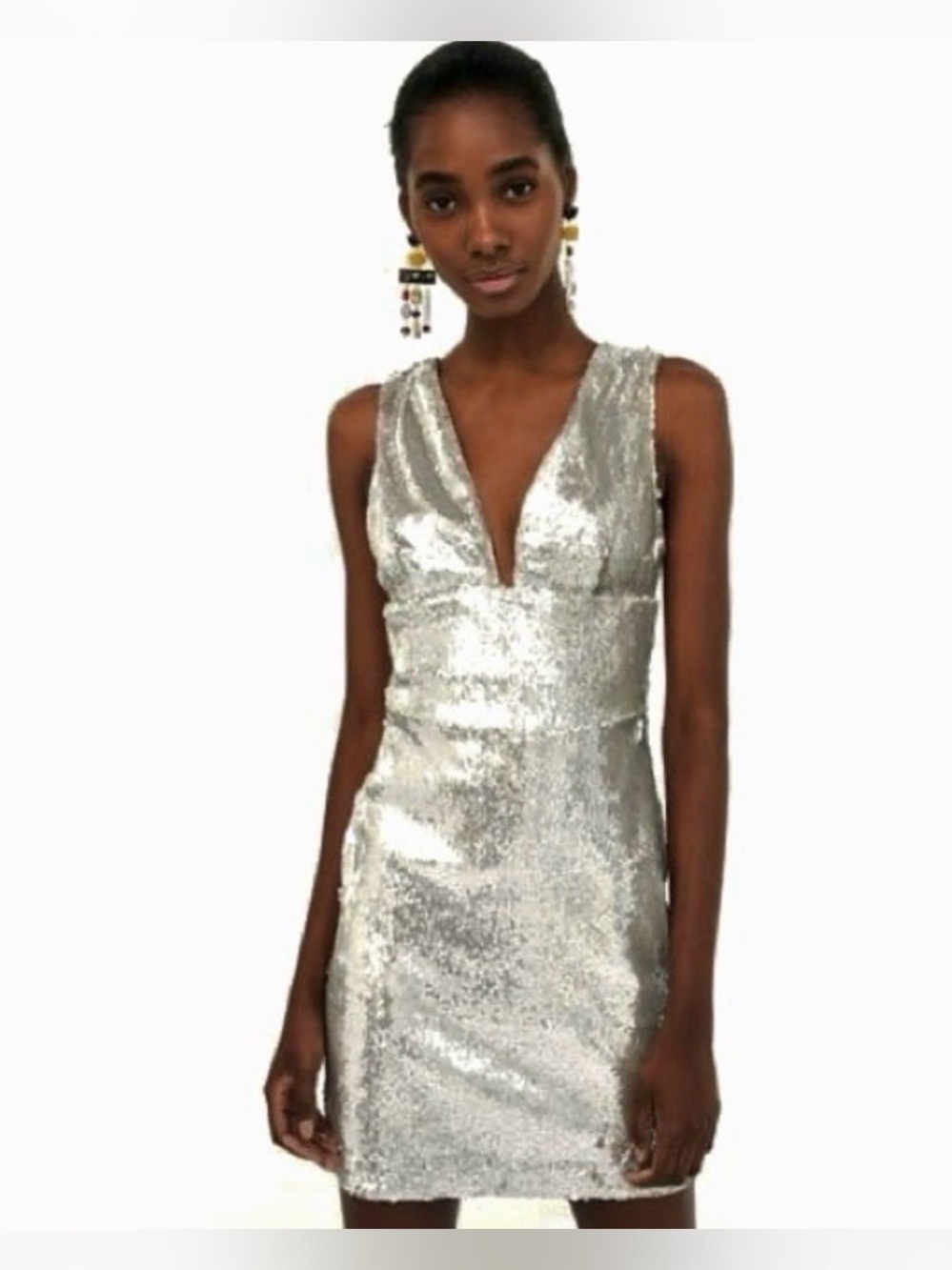 Zara Silver Sequin Deep V Bodycon Mini Dress Size S NWT